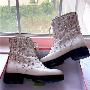 White Leather combat boots with Large rhinestones